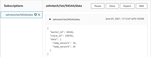 Message published on the AWS IoT topic after the fix
