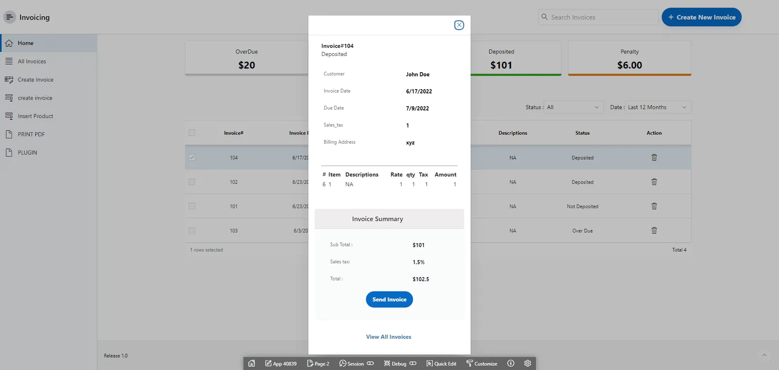 Invoicing tool in Oracle Apex invoice screen