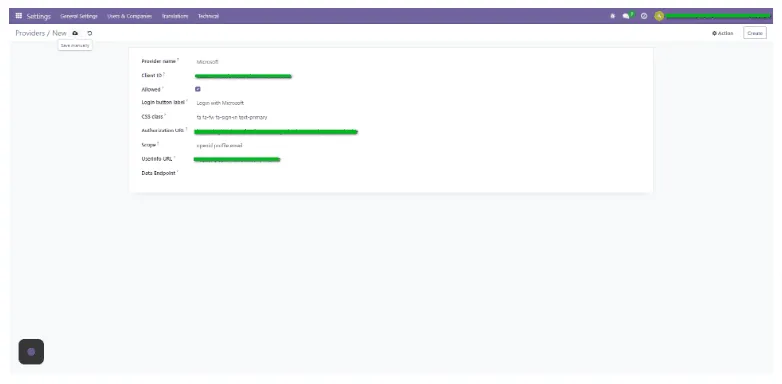 Microsoft SSO in Odoo user sync screen