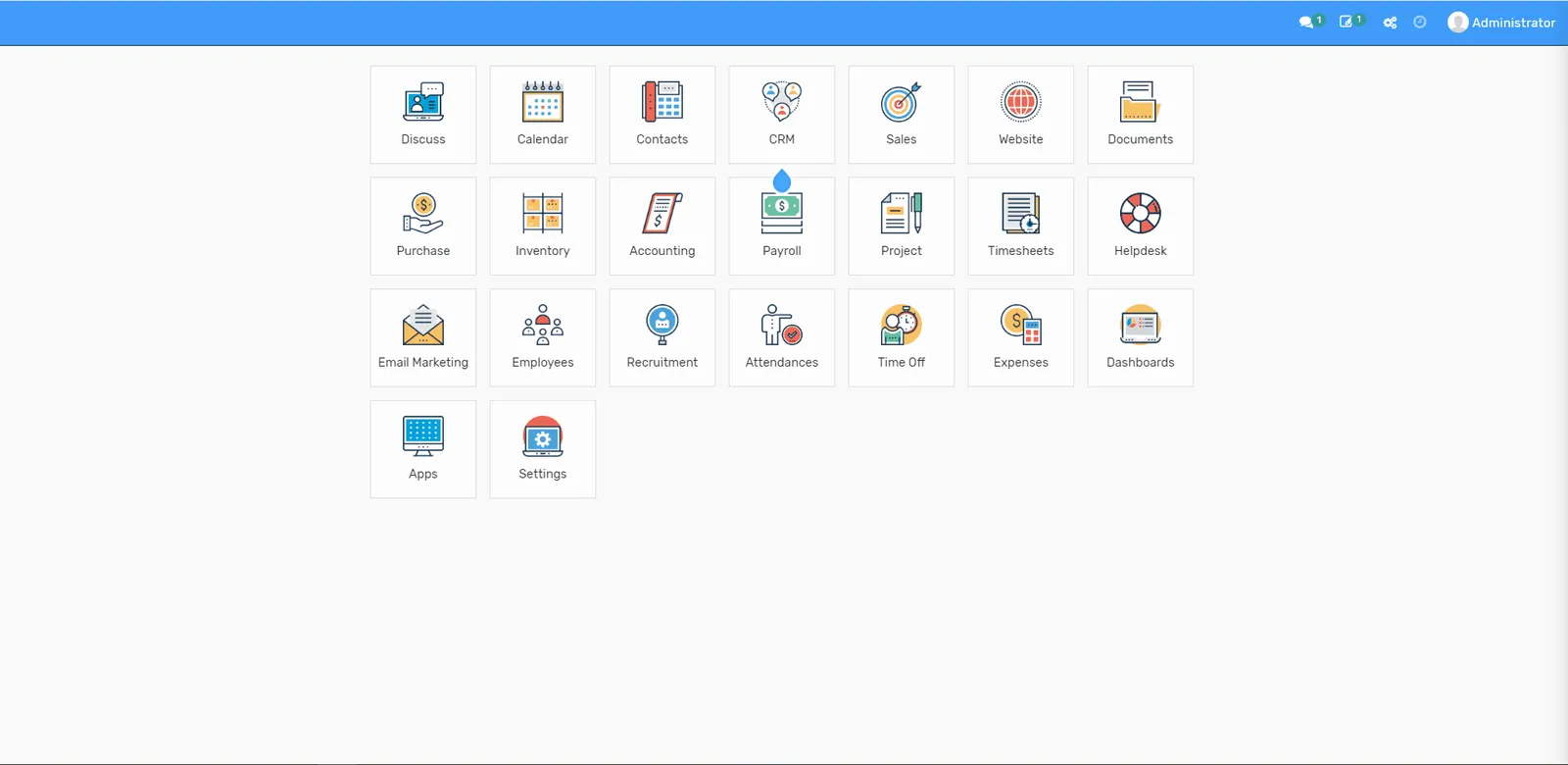Odoo 14 ERP configuration dashboard screenshot