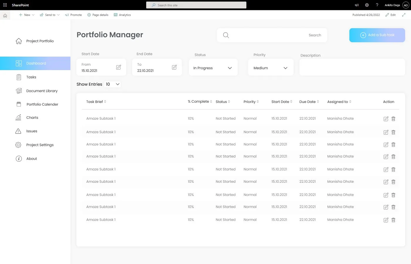 Portfolio Manager SharePoint webpart project dashboard