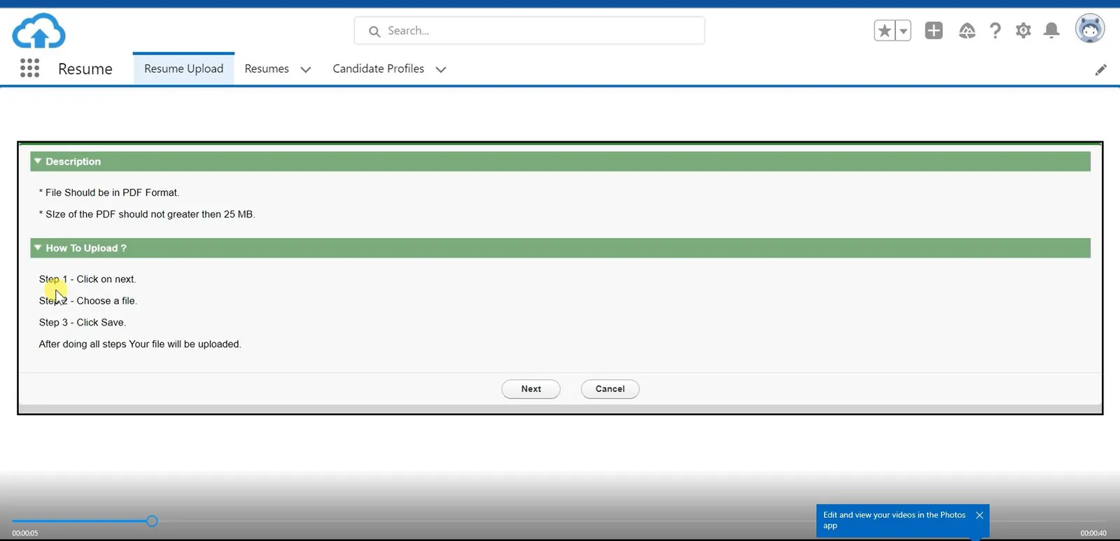Resume uploader Salesforce app screenshot