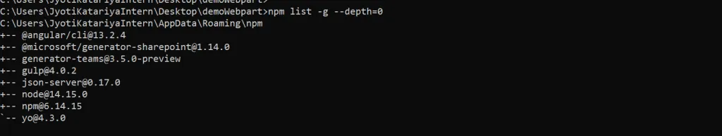 Command output with the Node, gulp and Yeoman versions for SPFx web parts
