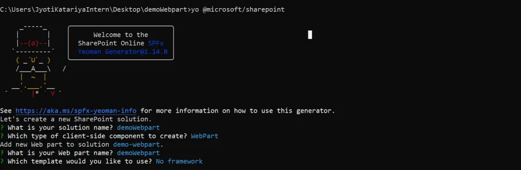 Generator prompts for a new SPFx web part