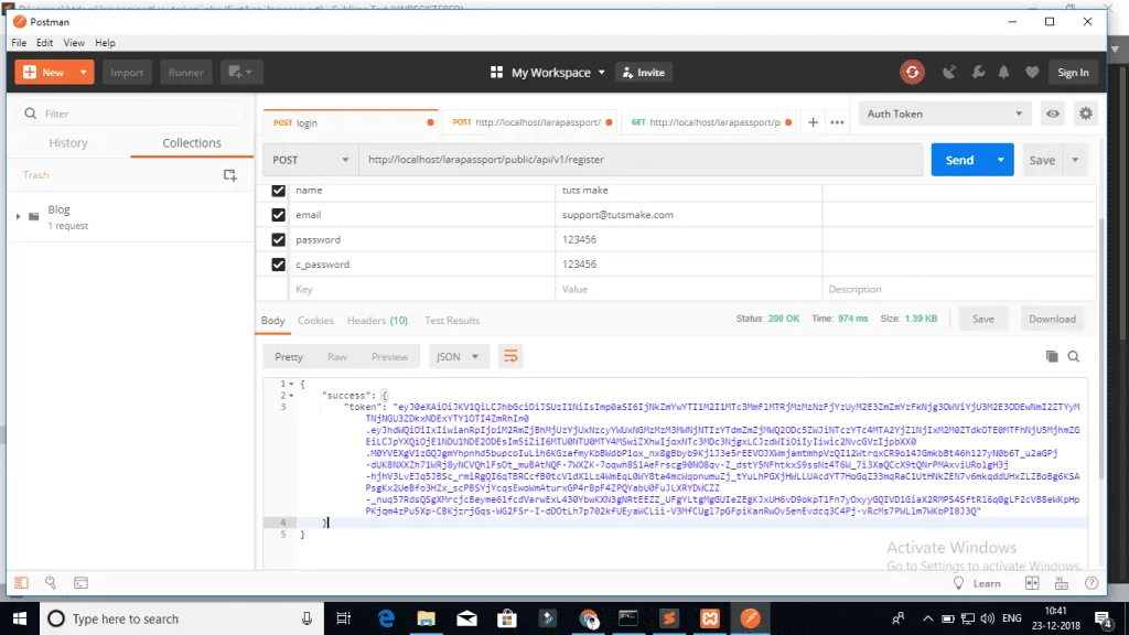 Laravel register API call in Postman