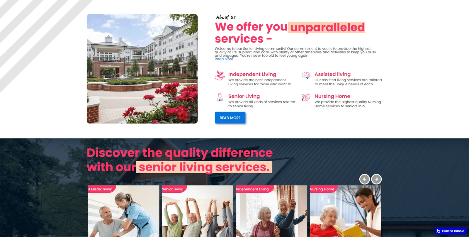Senior Living Bubble.io website home page