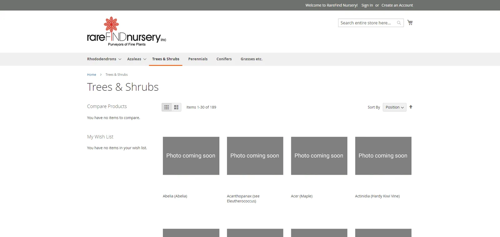 Rare Find Nursery website after the Magento migration