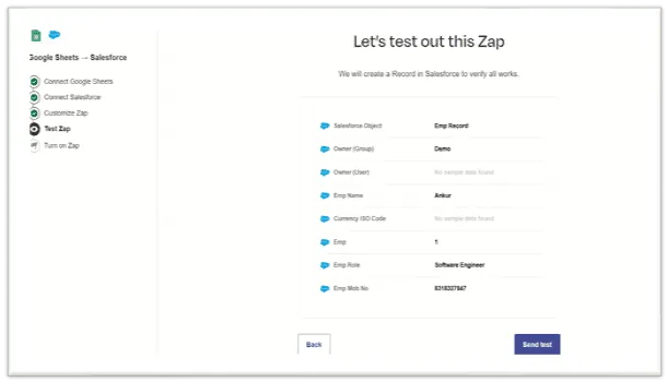 Salesforce integration with Zapier, step 13