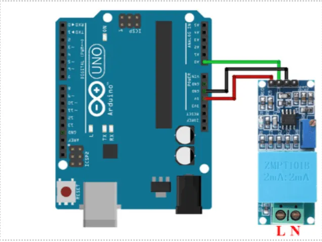 Voltage sensor connection with Arduino Uno in the current voltage measurement system