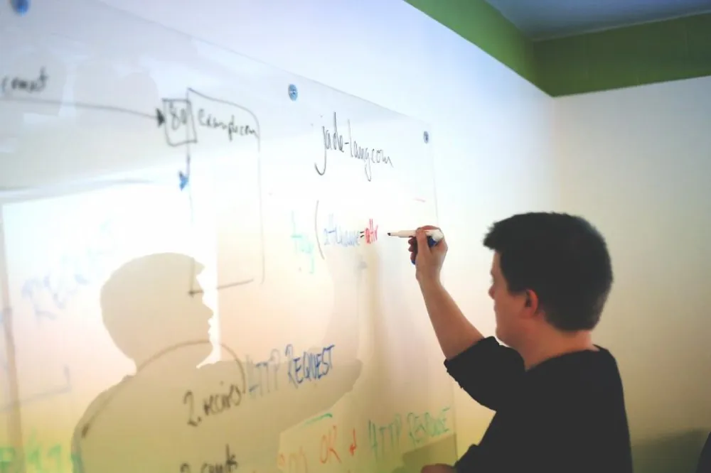 Engineer planning at a whiteboard