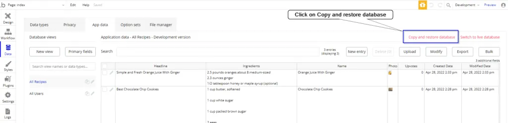 Copy and restore database link in an application on Bubble