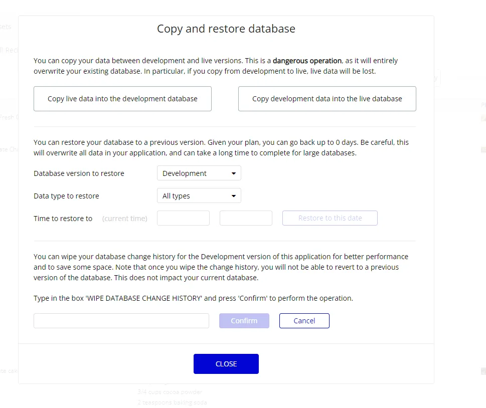 Copy and restore database popup
