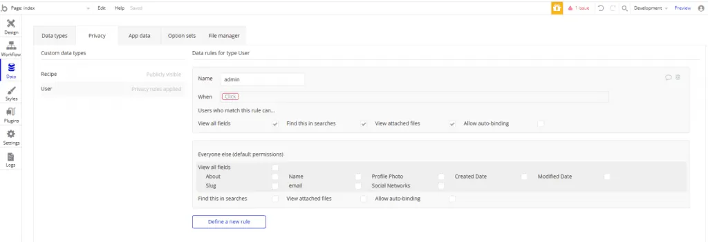 Data rule for type user