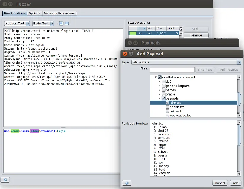 ZAP fuzzer payload window