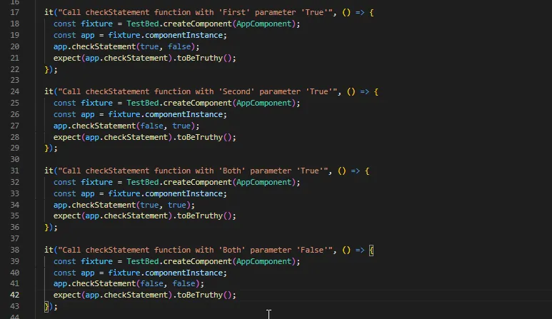 Four Jasmine and Karma test cases for the checkStatement function