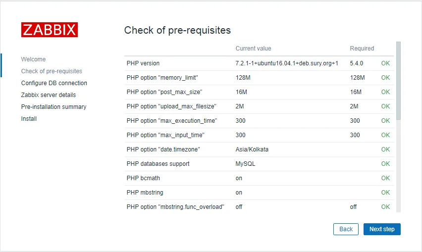Zabbix installation on CentOS: web setup, prerequisites check
