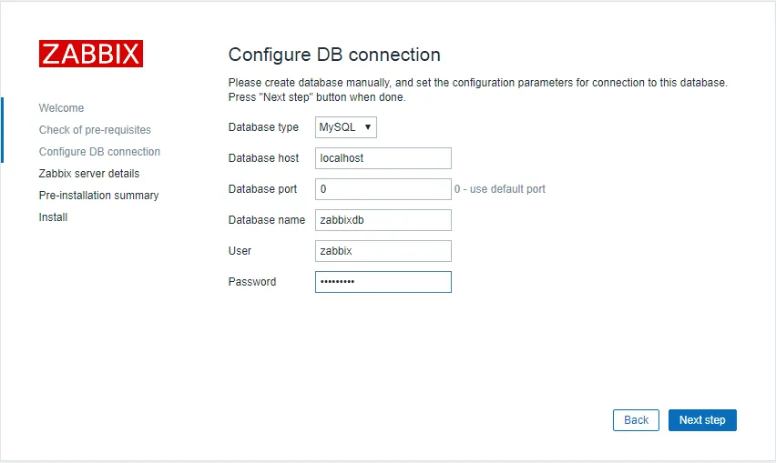 Zabbix setup wizard database connection form