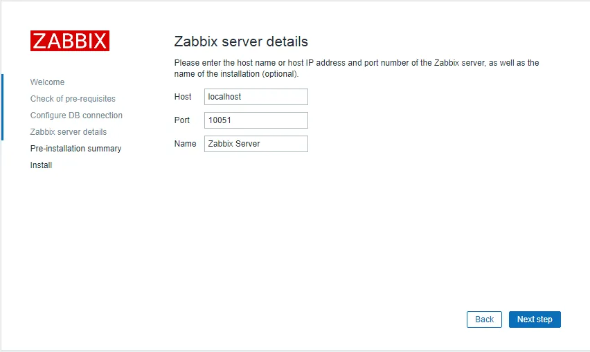 Zabbix setup wizard server details