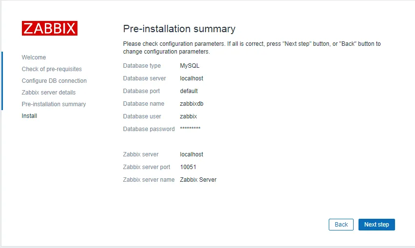 Zabbix setup wizard summary before finishing