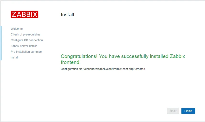 Zabbix setup wizard finished